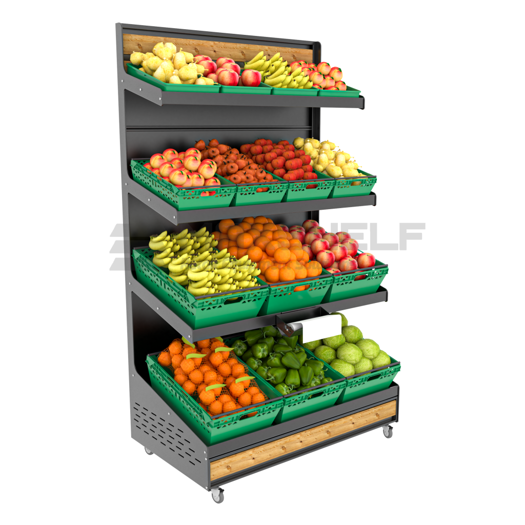 SLS 4 TIER FRUIT AND VEG UNIT ON CASTORS Max Shelf Retail Equipment